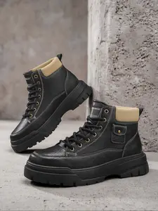 Men's High-Top Casual Leather Shoes, Thick Sole Workwear Motorcycle Combat Boots, New Season Mid-Calf Fashion Footwear, Army Shoes