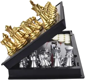 QuadPro 3-in-1 Magnetic Chess Checkers Backgammon Board Game Set with 12.5 Inch Folding Board Travel Games for Kids and Adults Gold & Silver Pieces