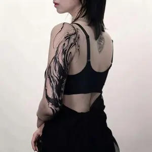 BAGHPBM Waterproof Temporary Tattoos, Artistic Black Streamlined Unique Alternative Floral Sleeve Designs, 2 Sheets for Men and Women, Two Sheets