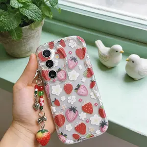 Transparent Wave Strawberry Pattern Phone Case+Strawberry Bracelet For Samsung Galaxy M14 A02S A26 A36 A54 A14 A15 A16 A35 A25 A04S A04E A05S A05 A52 A50 A50S A30S A12 A03S A03 A52S A32 A72 A51 A53 Back Cover