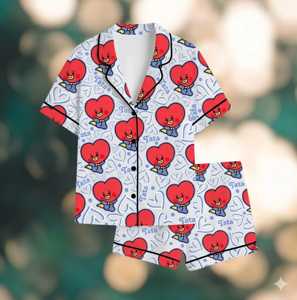 Cute Heart Character Pajama Set, Kawaii Cartoon Sleepwear, Soft Girl Satin PJs, Kpop Inspired Lounge Set, Women Cozy Pajamas