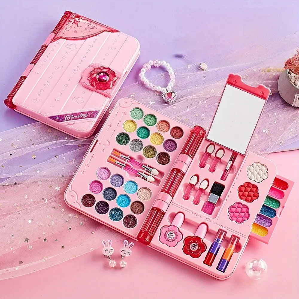 1pc Washable Kids Makeup Kit for Girls - Real Washable Cosmetic Set with Mirror, Eyeshadow, Lipstick, Blush, Brushes, Portable Princess Makeup Book, Kid Playset, Stress Relief Toy, Birthday/Christmas Gift