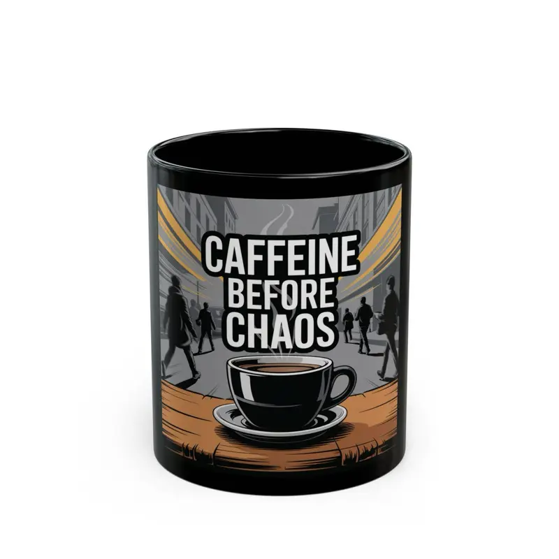Caffeine Before Chaos BPA & Lead-Free Ceramic Mug Microwave Dishwasher-Safe 11oz Size. Black Durable Coffee Cup