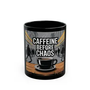 Caffeine Before Chaos BPA & Lead-Free Ceramic Mug Microwave Dishwasher-Safe 11oz Size. Black Durable Coffee Cup