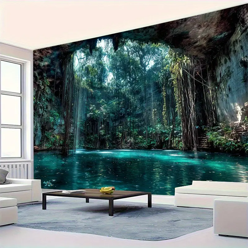 1pc Extra Large Tropical Cave Pool Tapestry - Jungle Waterfall Landscape Wall Hanging Decor, Non-Electric Nature Scene Backdrop for Living Room, Bathroom, Patio, Party Decorations - Serene Oasis Home Decoration, Tropical Outdoor Decor, Vivid Color Print,