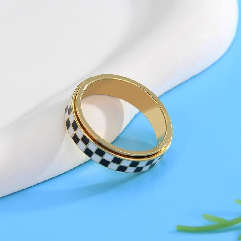 Checkered Spinner Ring for Adults, 18K Gold Plated Stainless Steel Rotating Band Jewelry, Black and White Pattern Unisex Ring