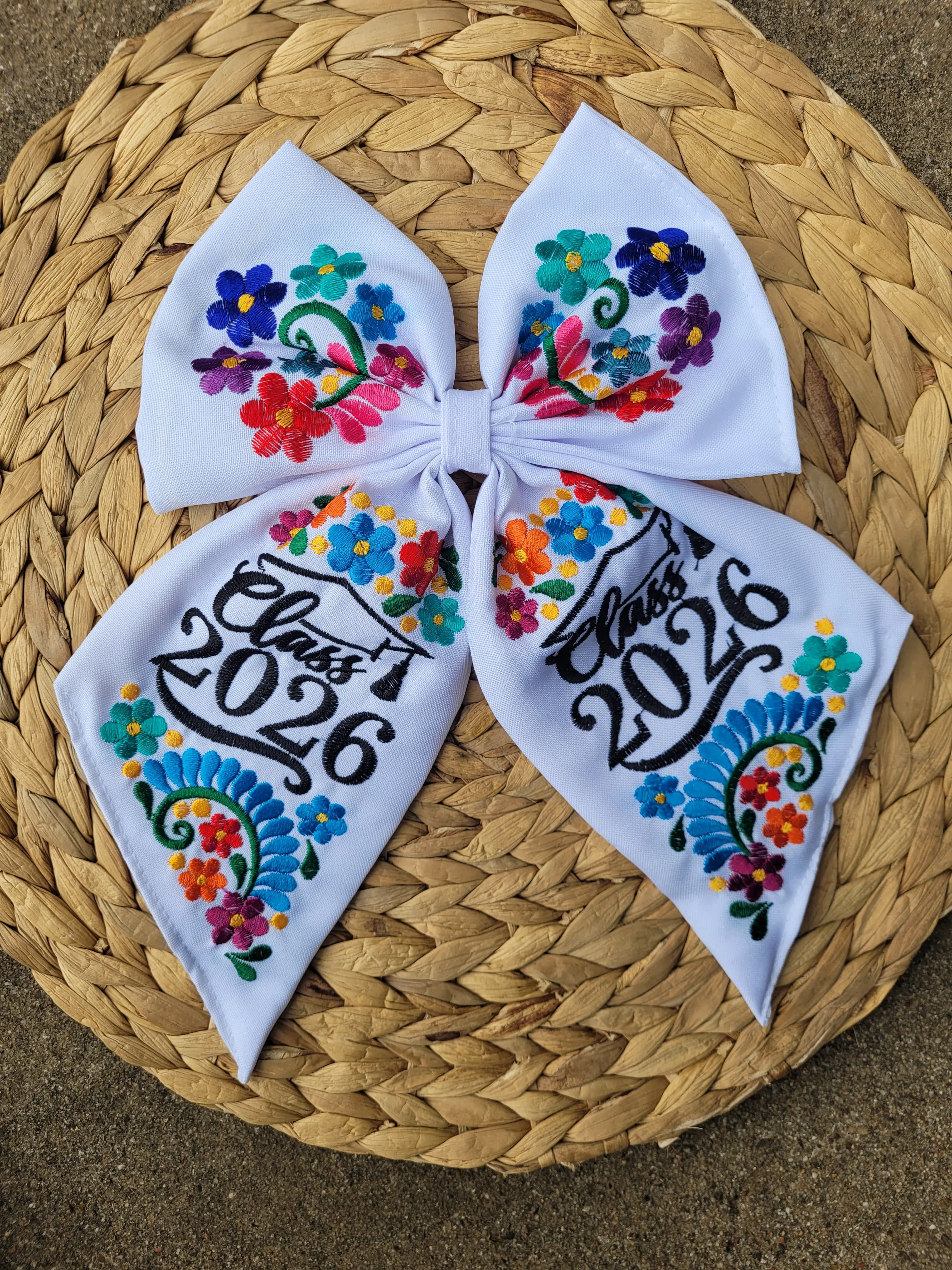 Embroidered Class of 2026 Bow - Floral Design for Graduation Cap & Everyday Wear - Casual Boho Tie