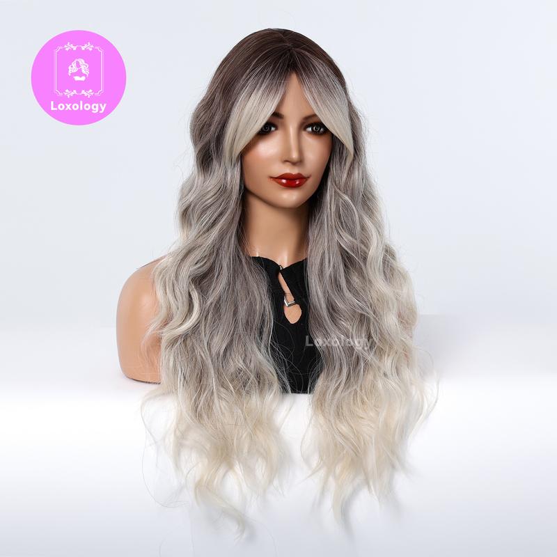 【Althea】Loxology | 28 inch Long Curly Gray Ombre Ivory Wigs with Bang and Gray Roots Synthetic Wigs for Women Daily Use Party or Cosplay Taking Photos