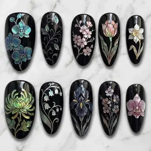 Handcrafted Shell Inlay Press on Nails | Luxury Floral Nail Art | Iridescent Mother of Pearl Abalone Shells Black Almond Fake Nails