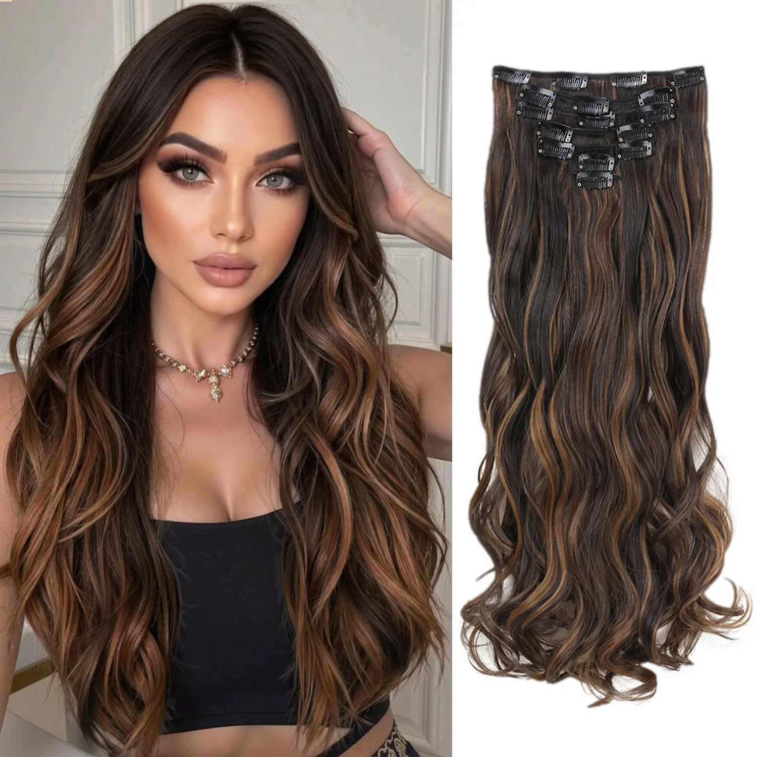 22 Inch Clip In Hair Extensions 7 PCS Long Wavy Synthetic Black Hair Extension & Natural Soft Invisible Clip Thick Hairpieces for Women Daily