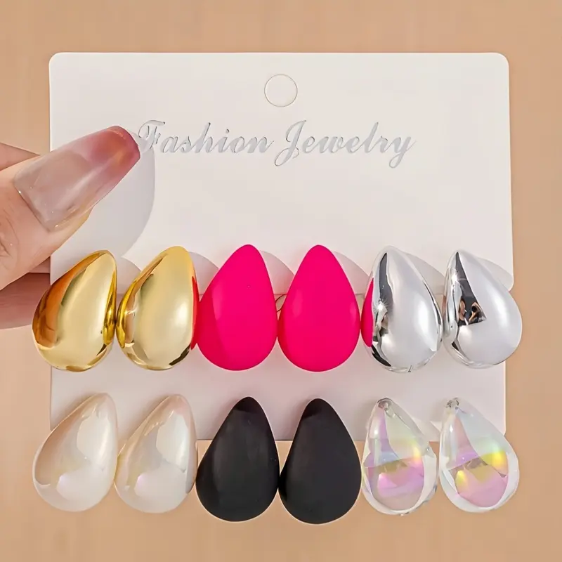 6 Pairs Vintage Style Acrylic Teardrop Earrings Set, Fashion Metallic & Iridescent Shell Transparent AB Finish, Stainless Steel Posts, Versatile for Daily Wear & Special Occasions