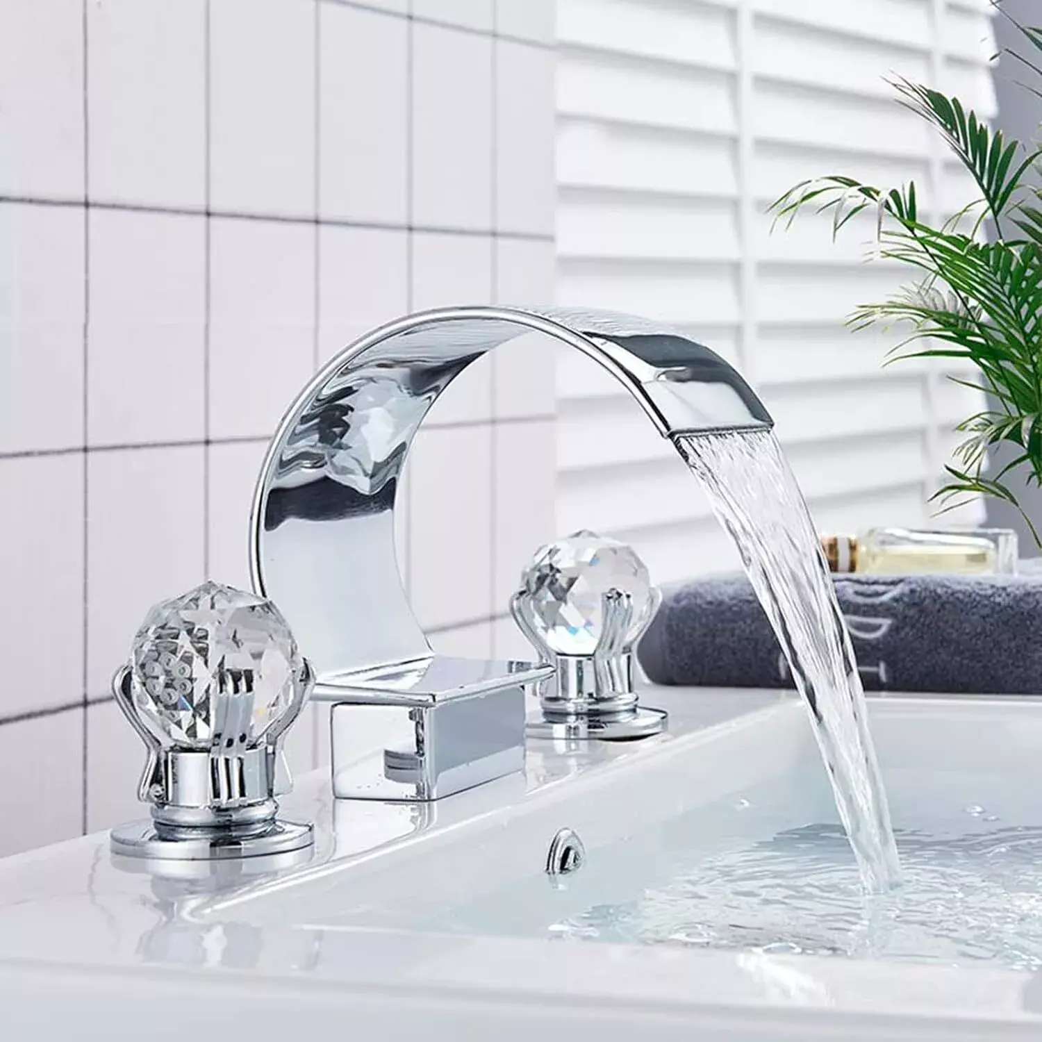 Bathroom Faucet 8 Inch Waterfall Faucet for Bathroom Sink 3 Hole Widespread Modern Vanity Tap Mixer with 2 Crystal Handle, Polished Chrome