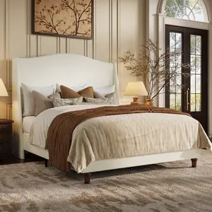 SHA CERLIN 54in Extra Tall Upholstered Platform Bed Frame with Elegant Arched Headboard and Triangle Side Panels Premium Thick Chenille Solid Wood Carved Legs Full Queen King