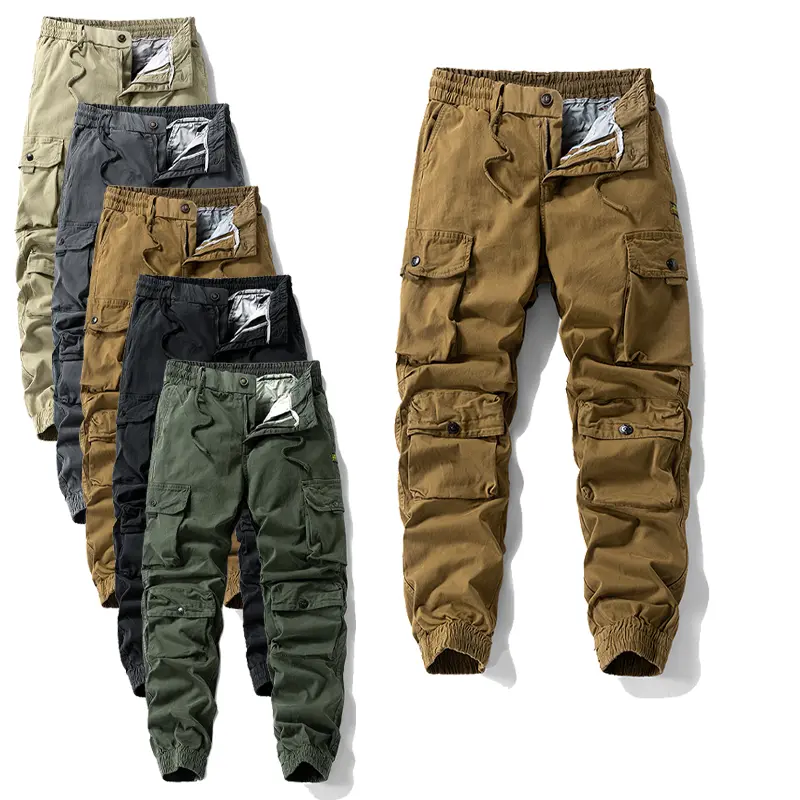 Men's Cargo Jogger Trousers - Menswear, Cotton Blend, Multi-Flap Cargo Pockets, Elastic Drawstring Waist, Elastic Cuffs, Vintage Washed, Durable Plain Stylish Fabric, All Seasons, Outdoor Work Hiking Casual Athletic Pants
