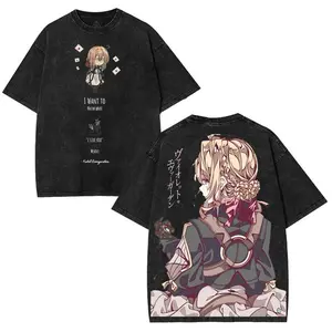 Violet Evergarden Streetwear T-Shirt Anime Double Printed Hoodie Washed Manga Lightweight Cotton Hoodie and T-Shirt Menswear Casual Graphic Tees Fabric Soft Top Kangaroo Oversized Pocket Graphic Tee Unisex Heavyweight