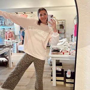 Blessed Mock Neck Embroidered Crewneck Sweatshirt in Soft Pink for Women
