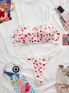 Cute Girl Heart Print No Underwire Bralette Set, Comfortable Wireless Bras for Women, Perfect Daily Wear & Casual