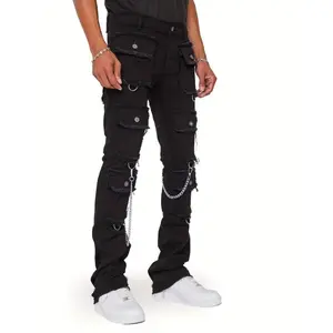 Medium Stretch Y2k Slim Fit Biker Jeans, Men's Casual Street Style Denim Pants with Chain Decoration