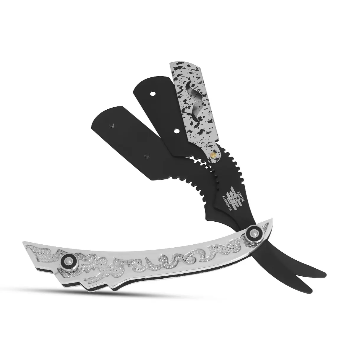 Straight Edge Razor Silver and Black Engraved Razor Men’s Mustache Shaving Folding Razor