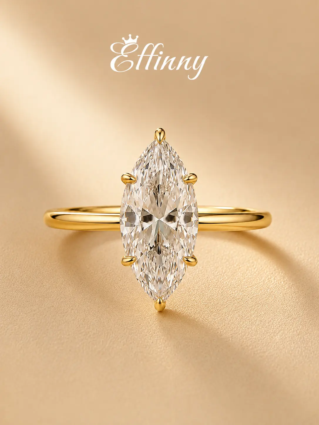 Effinny 925 Sterling Silver 4.5ct Solitaire Marquise Cut CZ 14K Gold Plated Engagement Ring, Non-Tarnish  Promise Lucky Ring for Wedding, Travel, Special Occasion