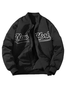 Men's Solid Color Printed Zipper Jacket Baseball Coat, Regular Fit Casual Waterproof Long Sleeve Pocket Outerwear, Men's Autumn Winter Clothing, Men's Jackets, Long Sleeve Shirts Menswear Tops