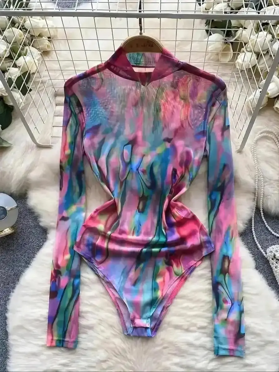 Fresh Look Women's Tie Dye Print Long Sleeve Bodysuit, Casual High Neck Ladies Clothes for Spring and Fall, Lightweight and Comfortable Feel, Soft and Breathable Fabric, Versatile for Many Occasions