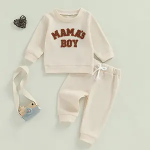 Babamoon Kids Toddler Baby Boy Waffle Outfits Set Letter Mama's Boy Embroidery Long Sleeve Sweatshirt Tops Pants 2 Piece Spring Waffle Clothing Set