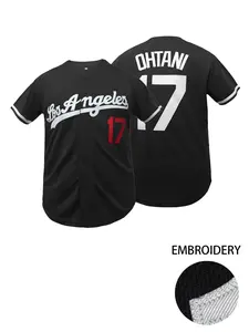 Men's Letter & Figure Embroidered Baseball Stylish Jersey, Casual Loose Short Sleeve V Neck Baseball Top for Fall & Winter, Men's Sportswear for Training & Competition