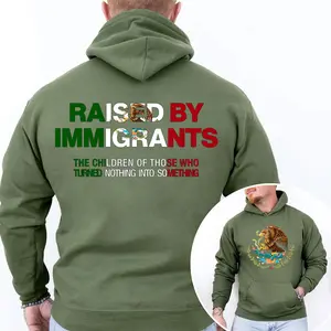 [Made in USA] Raised By Immigrants Hoodie Unisex Mexican American Pride Graphic Pullover Hoodie Latino Heritage Cultural Identity Quote Two Sided Design Oversized Hoodie for Men Women Immigrant Family Empowerment Gift