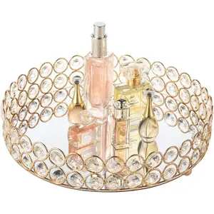 Crystal Perfume Tray Makeup Cosmetic Vanity Organizer Jewelry Trinket Display Storage Mirrored Decorative Tray Skin Care Tray for Dresser Home Deco Birthday Gift(Round 10" inch) (Gold)