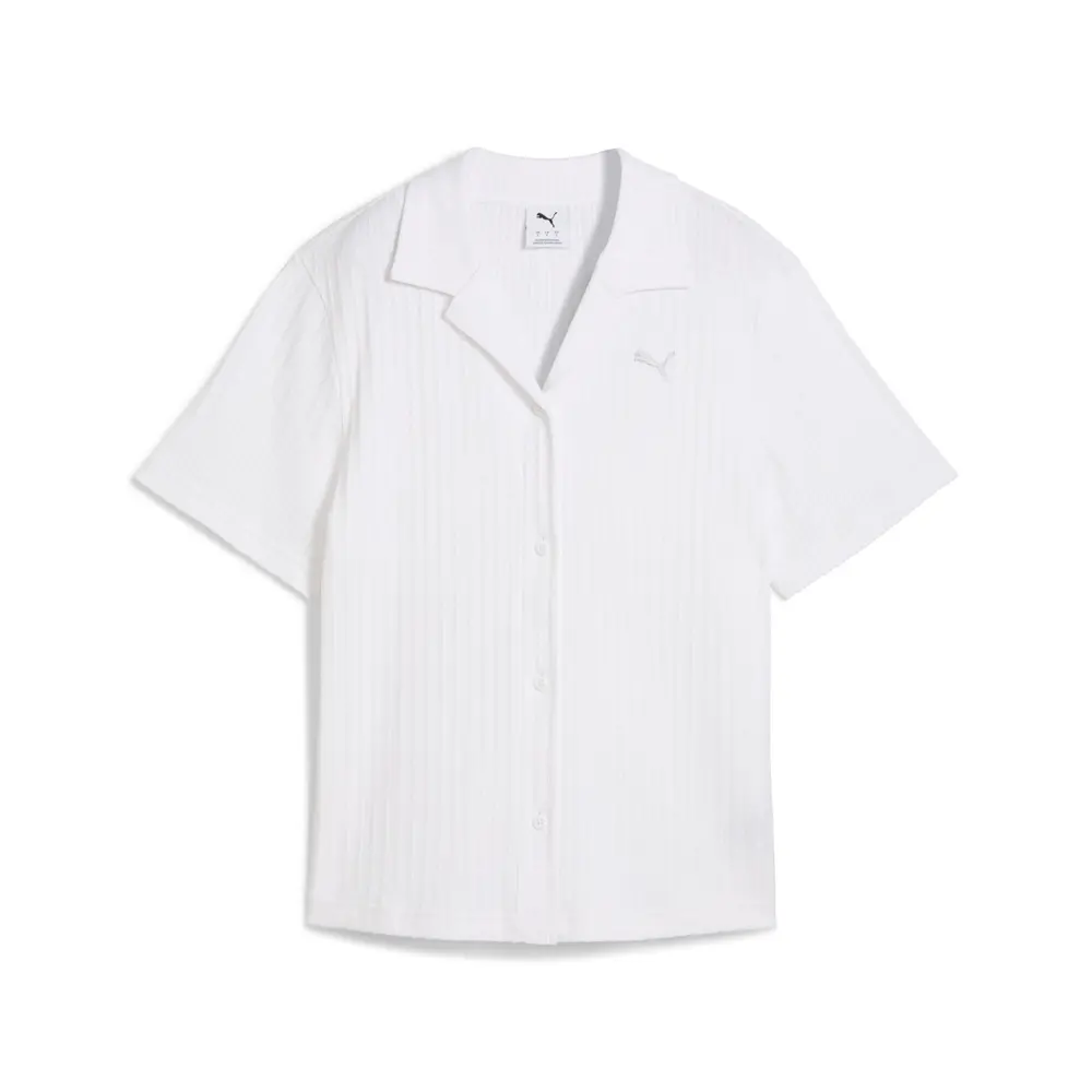 PUMA Womens Wardrobe Essentials Pointelle Short Sleeve Button Up Shirt Casual Tops Casual - White