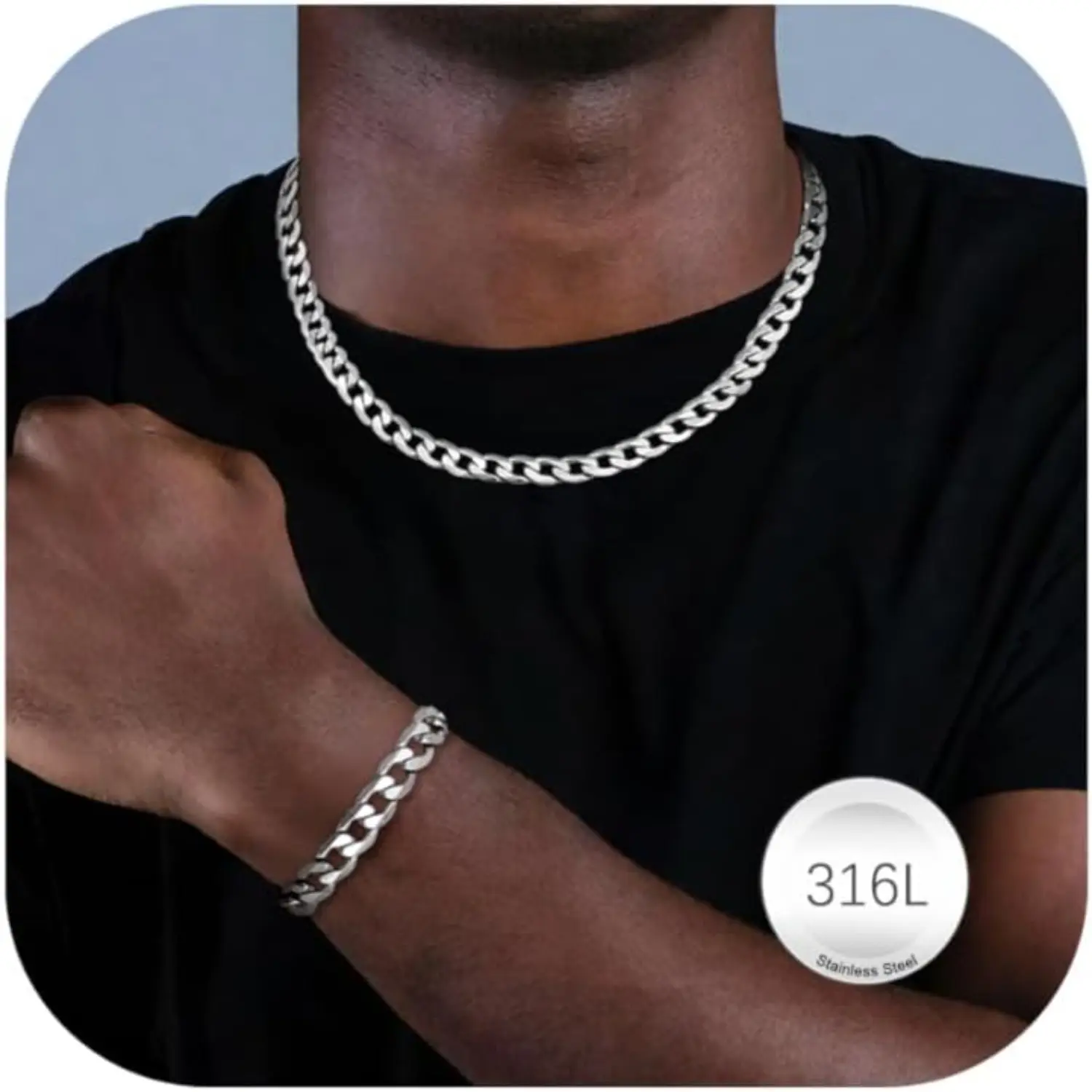 Milacolato Sturdy Cuban Link Necklace and Bracelet Set, 316L Stainless Steel Jewelry for Women and Men, Silver Tone, 5/9mm Widths, 18-22 Inch, Chain, Hip Hop Jewellery, Dad, Brother, Daily Wear, Accessories For Women, Necklaces For Women