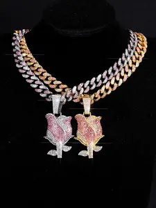 Exquisite Fashion Rosed-Shaped Pendant Necklace, Colorful Cuban Chain, Unisex Romantic Jewelry, Perfect for Daily Wear, Jewelry Accessory