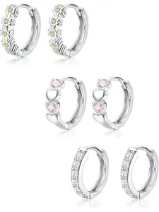3Pairs Silver Hoop Earrings Kids Earrings for Girls Small Huggie Hoop Earrings Hypoallergenic Cubic Zirconia Butterfly Love Heart Hoop Earrings Silver Sleeper Earrings for Kids