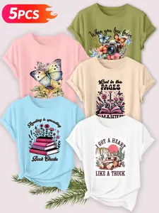 Women's 5-Pack Casual Short Sleeve T-Shirt, Mountain View & Camping Tent Outdoor Adventure Print Set, Multiple Colors, Machine Washable, Spring & Summer Tops, Soft Skin-Friendly Fabric, Daily Wear, Fashion Design