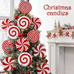 12-Pack Red and White Peppermint Candy Cane Festive Christmas Tree Ornaments, Plastic, Non-Electric, Holiday Party Decorations