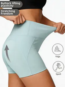 Women's High Waist Yoga Shorts, Ribbed Waist Tummy Control Butt Lift Gym Shorts, Four Way Stretch Anti-See Through Fitness Running Shorts