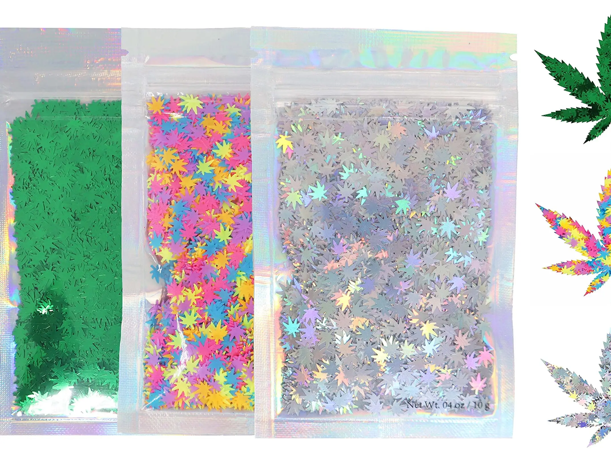 3 Pack - Green, Rainbow & Silver Holographic Leaf Glitter - Solvent Resistant & Cosmetic Grade - Face Body Nails Resin Arts & Crafts, Tumblers, Bath Bombs, Resin - Weed Pot Mary Jane Leaf