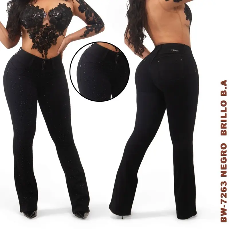 Women's Colombian Look Elegant Jean Pants, B72-63 Luxury Bottoms with Black Color and Sparkling Rhinestone Details