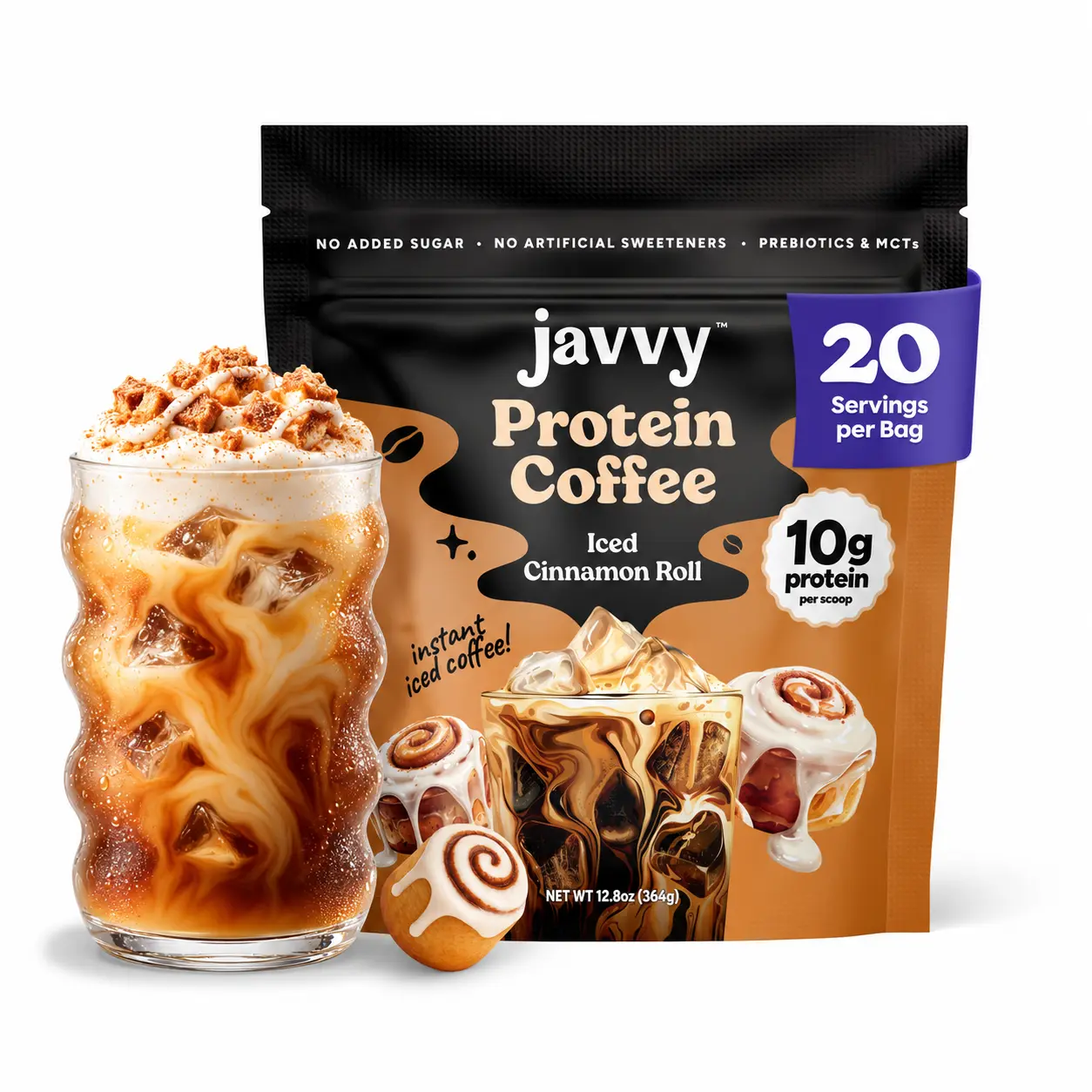 Javvy Iced Cinnamon Roll Protein Iced Coffee - Premium Whey Protein Instant Iced Coffee, 100% Natural Cold Brew, 0 Artificial Flavors & Sweeteners, 80 mg Caffeine, No Added Sugar, 20 Servings