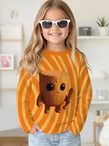 Orange-Yellow Swirl Wooden Stump Elf Digital Print Long-Sleeve Crew Neck Drop-Shoulder Sweatshirt Top T-shirt, Long-Sleeve T-shirt Clothing for Girls in Spring and Autumn, 100% Polyester, The Best Gift for Girls