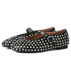 Women Rhinestone Mary Jane Flats Sparkly Crystal Studded Ballet Shoes Elegant Round Toe Dress Shoes with Buckle Strap Fashion Party Shoes