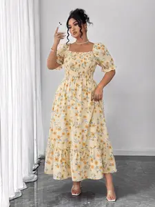 Plus Size Women's Floral Long Dress, Square Neck Bubble Sleeve Ruched Design, Bohemian Summer Beach Dress, Casual Fashion