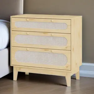 3-Drawer Rattan Weave Dresser, 31 in Tall Modern Engineered Wood Storage Cabinet, Tool-Free Set with Smooth Slides, Chest of Drawers for Bedroom, Living Room Organizer, Yellow Finish, Clothing Storage Cabinet, Cupboards Cabinets Dresser