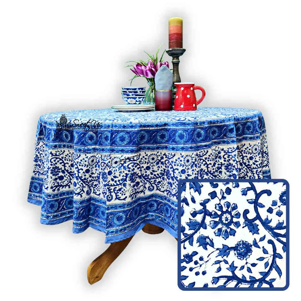 Chelsea Series Hand-Block Cotton Round Tablecloth — Azure Blue
