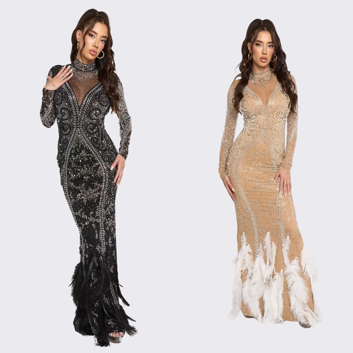 Luxury Feather Rhinestone Evening Gown – Long Sleeve Sheer Sparkle Prom & Gala Dress Formal Black