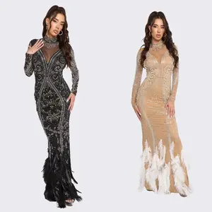Luxury Feather Rhinestone Evening Gown – Long Sleeve Sheer Sparkle Prom & Gala Dress