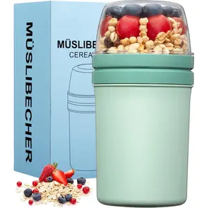Snack Cup Box Container with Lid,Yogurt Parfait Snackle Cups and Spoons,600ml+270ml Breakfast On The Go,Portable Overnight Oats Cereal To Go, Travel Cereal Bowl and Milk Container