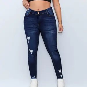 Ladies Large Size Dark Blue Fashion Versatile Ripped Casual Jeans, Comfortable Slim Jeans, Suitable for Dating, Daily, Work, Parties barrel jeans outfit purplejean High Rise Bootcut Jeans with Distressing