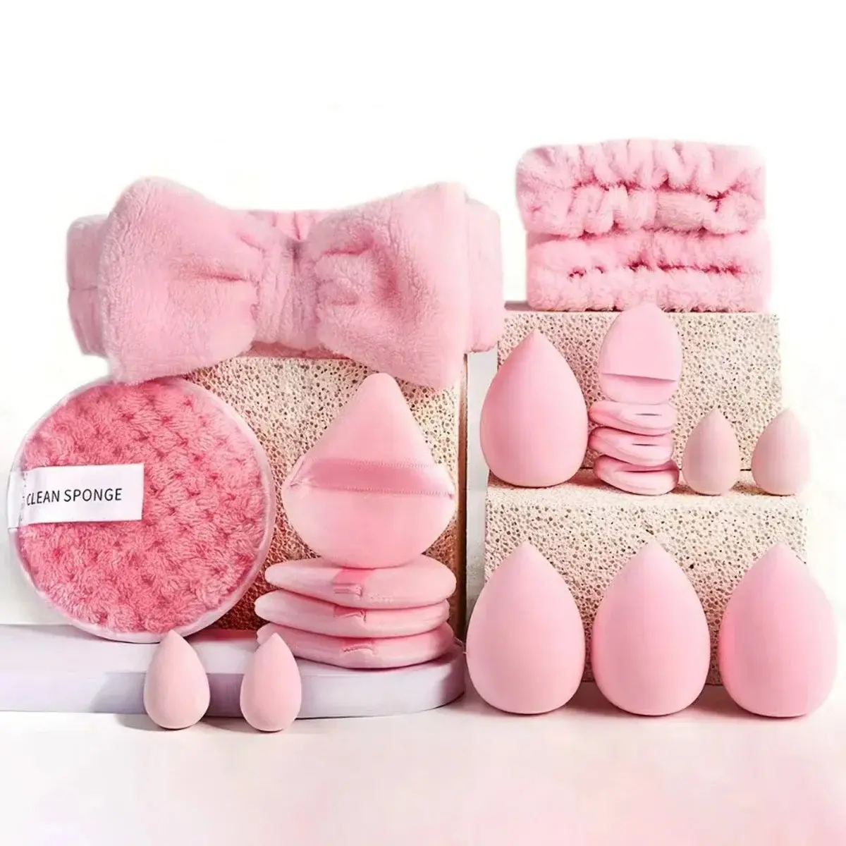 20/33pcs Cosmetics Makeup Tools Kit, Beauty Tool Set, Includes Sponge Finger Puff, Air Cushion Headband, Wristband, Makeup Remover Puff, Perfect Holiday Gift
